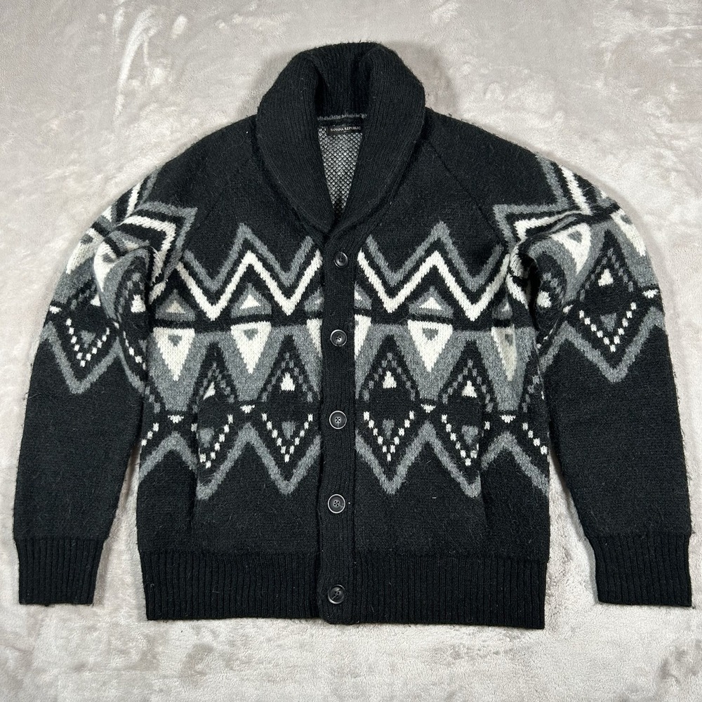 Banana Republic Cardigan Mens M Black Shawl Collar Nordic Fair Isle Wool Grandpa